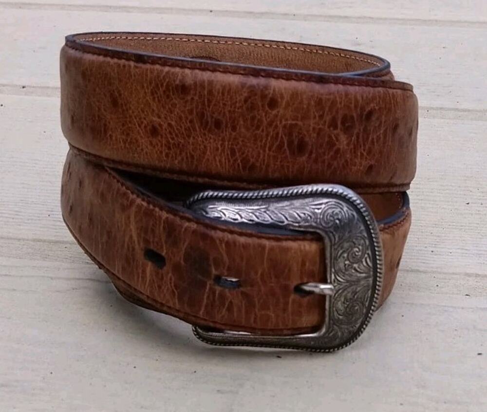 3D Genuine Leather Belt Printed Ostrich 1654 Sz 42 D-Ring Buckle Silver Color